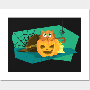 Cat in Fear on Pumpkin Halloween design Posters and Art